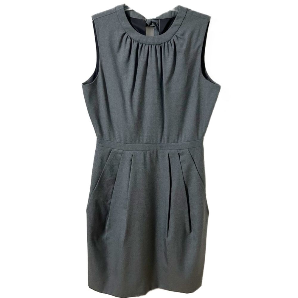 J Crew Wool Grey Sleeveless Dress Back Tie and Zipper Pleats Pockets Round Neck